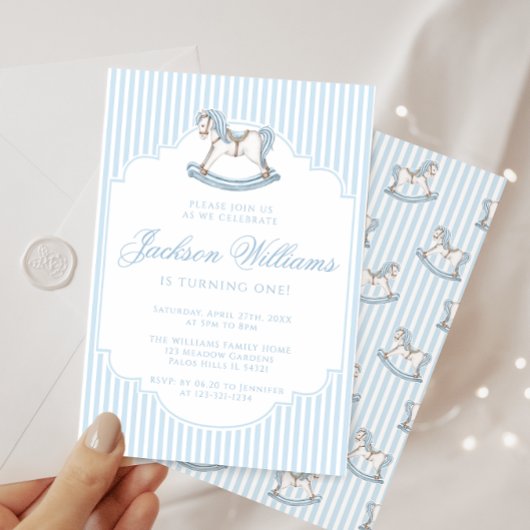 Schattige blauw schommelpaard gestipt boho birthda kaart