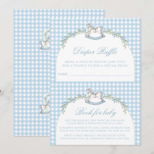 Schattige blauw schommelpaard Gingham Baby Jongens Kaart (Voorkant / Achterkant)