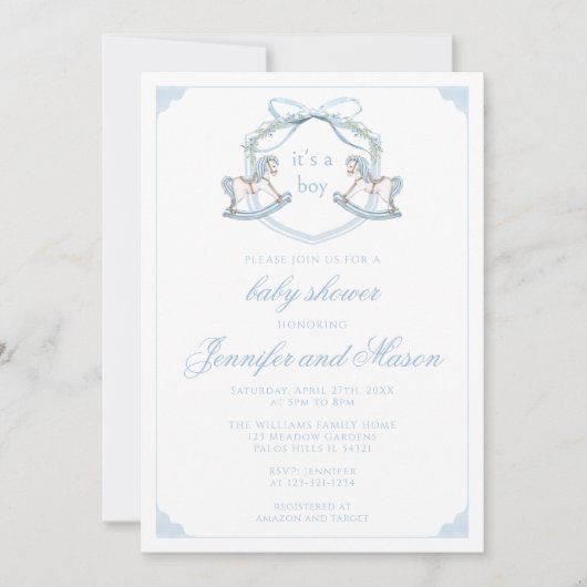 Schattige blauw schommelpaard kuif boho baby boy d kaart (Voorkant)