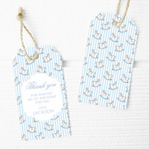 Schattige blauw schommelpaard verjaardagsjongen da cadeaulabel