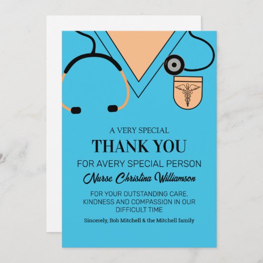 Schattige Blauw Scrubs Verpleegster Dank u Kaart (Voorkant / Achterkant)