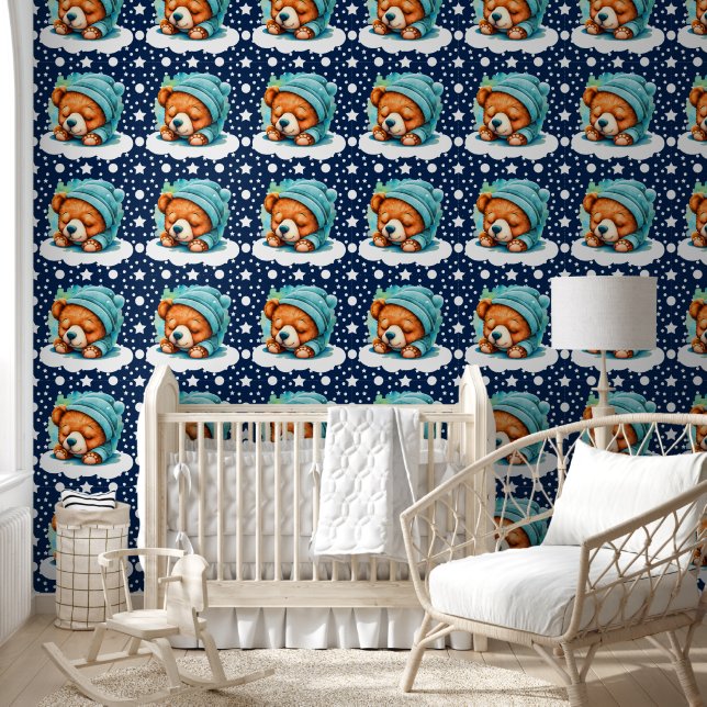 Schattige Blauw Snuggle Beer Pattern Behang (Kinderen)