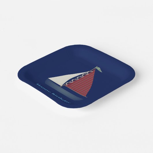 Schattige Blauw Speelgoed Zeilboot Papieren Bordje (Gebogen)