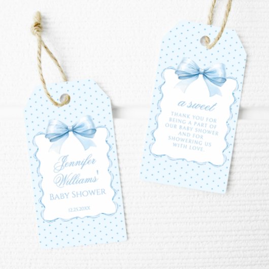 Schattige blauw strik lint baby boy douche dank u cadeaulabel