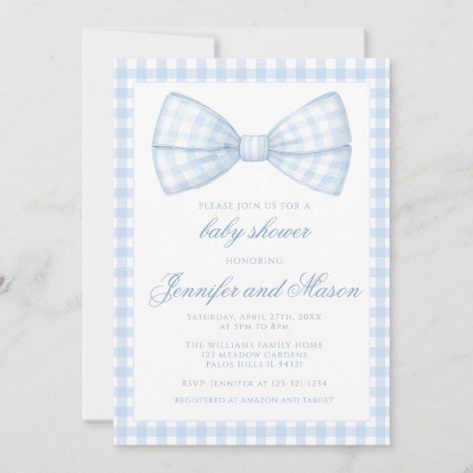 Schattige blauw strik lint gingham baby boy douche kaart (Voorkant)