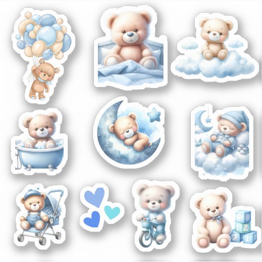 Schattige Blauw Teddy Baby Jongensdouche Sticker (Voorkant)