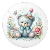 Schattige Blauw Teddy Bear Roze Rozen Baby Kamer Keramische Knop (Voorkant)