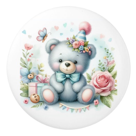 Schattige Blauw Teddy Bear Roze Rozen Baby Kamer Keramische Knop (Voorkant)