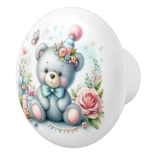 Schattige Blauw Teddy Bear Roze Rozen Baby Kamer Keramische Knop (Rechts)