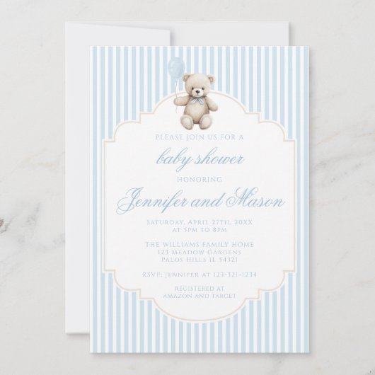 Schattige blauw teddybeer  baby boy douche kaart (Voorkant)