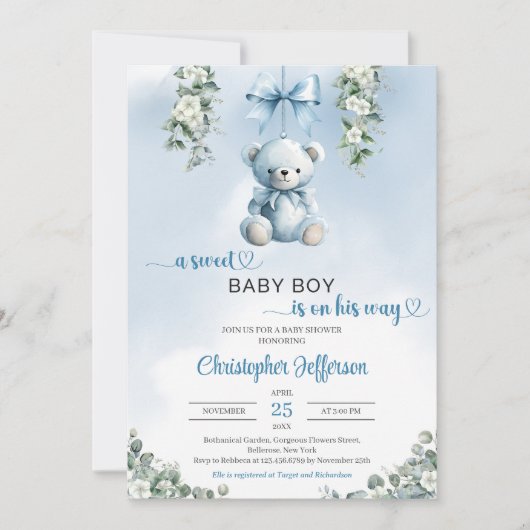 Schattige blauw Teddybeer Eucalyptus Boy Baby show Kaart (Voorkant)