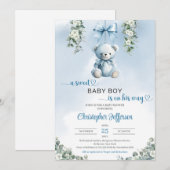 Schattige blauw Teddybeer Eucalyptus Boy Baby show Kaart (Voorkant / Achterkant)