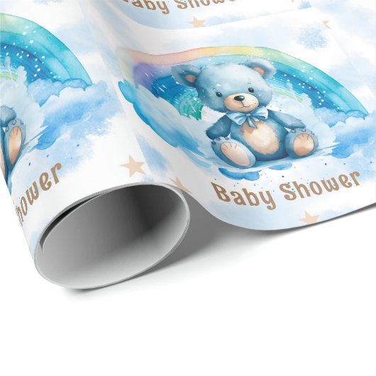 Schattige Blauw Teddybeer met Regenboog Jongen Bab Cadeaupapier (Rol Hoek)