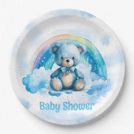 Schattige Blauw Teddybeer met Regenboog Jongen Bab Papieren Bordje