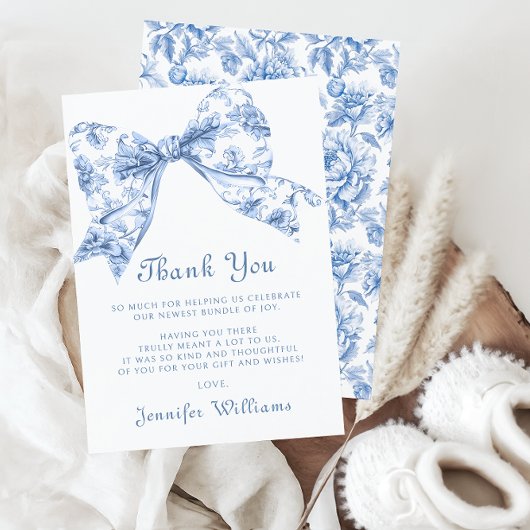 Schattige Blauw Toile Bow Ribbon Baby Boy Shower Bedankkaart