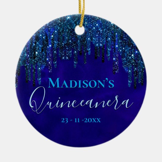 Schattige blauw turquoise Eenhoorn Glitter Quincea Keramisch Ornament (Voorkant)