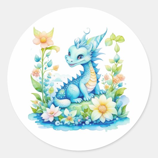 Schattige Blauw Turquoise Groen Fantasy Dragon Ronde Sticker (Voorkant)