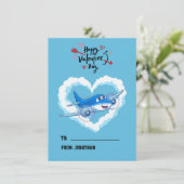Schattige Blauw Vliegtuig, Kinder School, Valentij Feestdagenkaart (Staand voorkant)