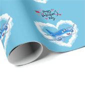 Schattige Blauw Vliegtuig & Wolken, Kinder Valenti Cadeaupapier (Rol Hoek)