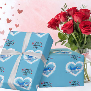 Schattige Blauw Vliegtuig & Wolken, Kinder Valenti Cadeaupapier