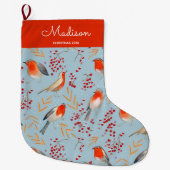 Schattige Blauw Vogelpatroon Kerst Vakantie Naam Grote Kerstsok (Voorkant)