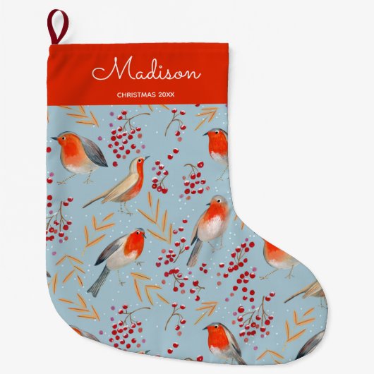 Schattige Blauw Vogelpatroon Kerst Vakantie Naam Grote Kerstsok (Voorkant)