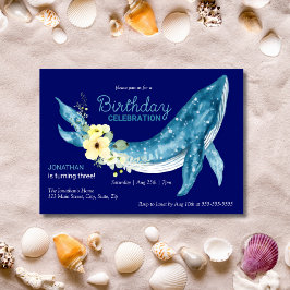 Schattige Blauw Walvis Geel Bloemen Navy Verjaarda Kaart