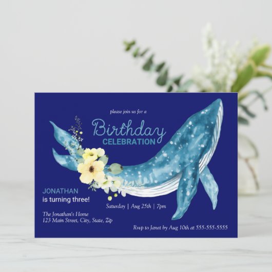 Schattige Blauw Walvis Geel Bloemen Navy Verjaarda Kaart (Staand voorkant)