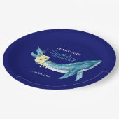 Schattige Blauw Walvis Geel Bloemen Navy Verjaarda Papieren Bordje (Gekanteld)