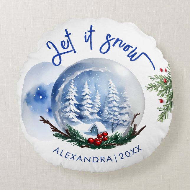 Schattige Blauw Wintersneeuw Wereldbol en naam Wat Rond Kussen (Voorkant)