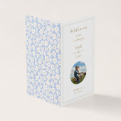 Schattige Blauw Wit Bloemen Daisy Bruiloft Foto Kaart (Buitenkant)