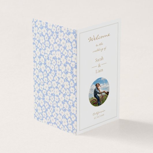 Schattige Blauw Wit Bloemen Daisy Bruiloft Foto Kaart (Buitenkant)