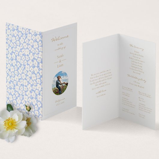 Schattige Blauw Wit Bloemen Daisy Bruiloft Foto Kaart