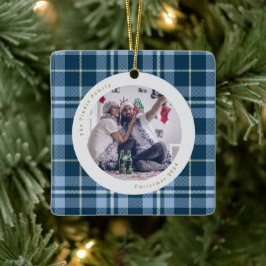 Schattige Blauw Wit Gingham Plaid Familiefoto Keramisch Ornament