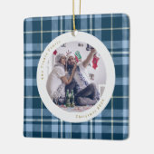 Schattige Blauw Wit Gingham Plaid Familiefoto Keramisch Ornament (Links)