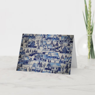 Schattige blauw/wit vintage kerstwinterdorp feestdagen kaart