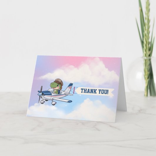 Schattige Blauw Wit Vliegtuig & Dinosaurus Kids Ve Bedankkaart (Voorkant)