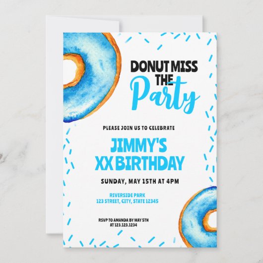 Schattige Blauw & Wit Waterverf Donut Boy Verjaard Kaart (Voorkant)