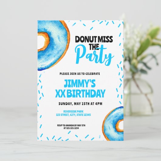 Schattige Blauw & Wit Waterverf Donut Boy Verjaard Kaart (Staand voorkant)