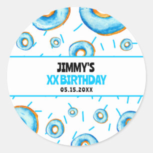 Schattige Blauw & Wit Waterverf Donut Boy Verjaard Ronde Sticker