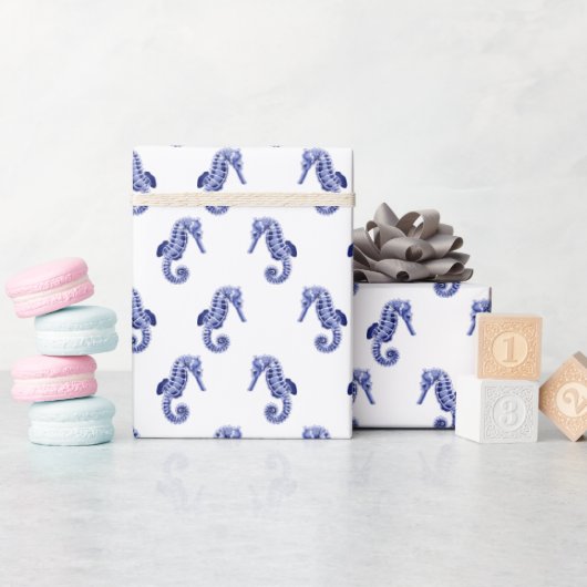 Schattige blauw wit zeepaardje cadeaupapier (Baby Shower)