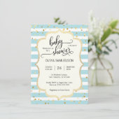 Schattige Blauw Witte Strepen Gold BOY Baby shower Kaart (Staand voorkant)
