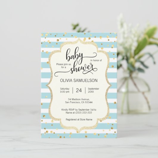 Schattige Blauw Witte Strepen Gold BOY Baby shower Kaart (Staand voorkant)