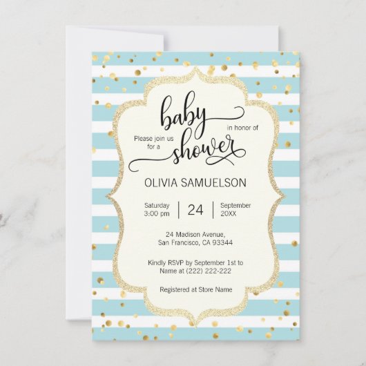 Schattige Blauw Witte Strepen Gold BOY Baby shower Kaart (Voorkant)