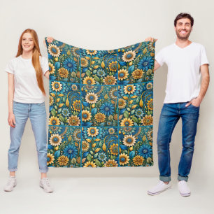 Schattige Blauw Zonnebloem Tuin Quilt Patroon Fleece Deken