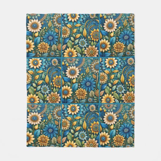 Schattige Blauw Zonnebloem Tuin Quilt Patroon Fleece Deken (Voorkant)