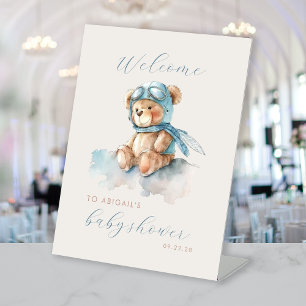 Schattige Blauwe Aviator Beer Jongens Baby Shower Reclamebord Met Voetstuk