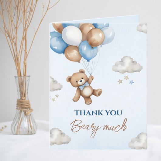 Schattige Blauwe Bruine Beer Ballonnen Baby Shower Bedankkaart