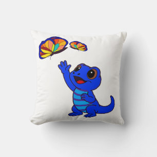 Schattige Blauwe Cartoon Hagedis die naar Vlinders Kussen