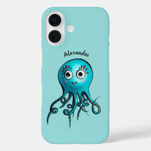 Schattige Blauwe Cartoon Octopus - Lachend Zeedier iPhone 16 Hoesje